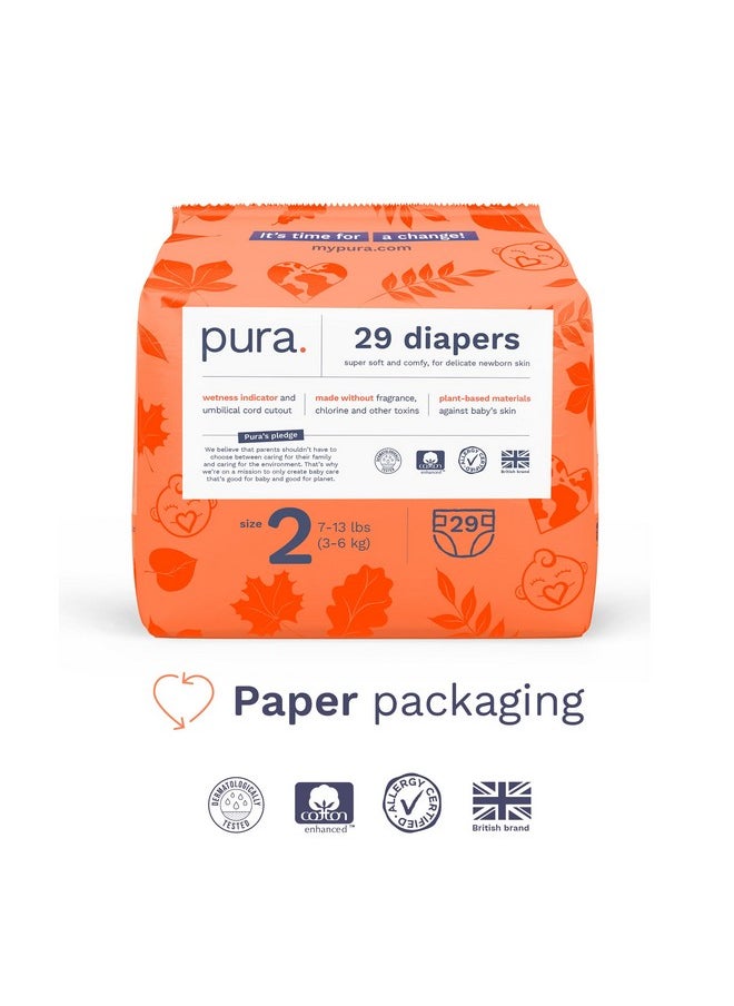 Pura Size 2 Eco-Friendly Diapers (7-13 Lbs) Hypoallergenic, Soft Organic Cotton Comfort, Sustainable, Wetness Indictor. Allergy Uk, Recyclable Paper Packaging. 3 Packs Of 29 Diapers (87 Diapers)  - Image 2