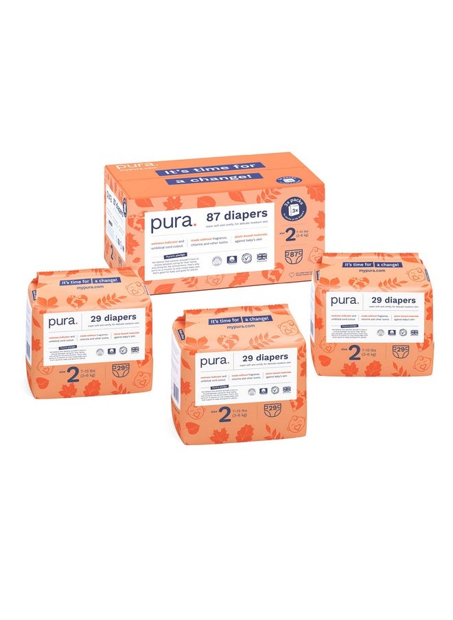 Pura Size 2 Eco-Friendly Diapers (7-13 Lbs) Hypoallergenic, Soft Organic Cotton Comfort, Sustainable, Wetness Indictor. Allergy Uk, Recyclable Paper Packaging. 3 Packs Of 29 Diapers (87 Diapers)  - Image 1