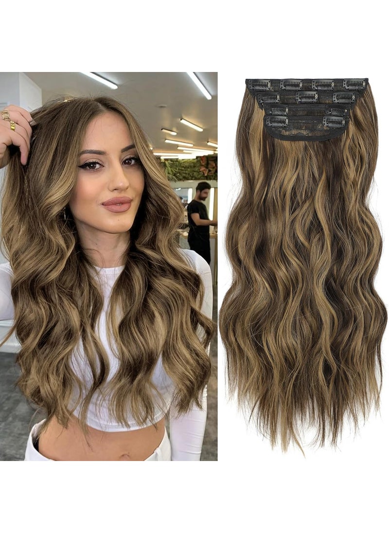 KooKaStyle KooKaStyle Clip in Synthetic Highlight Hair Extensions Long Wavy 4PCS Thick Hairpieces Balayage Chocolate Brown to Caramel Blonde Fiber Double Weft Natural Hair Extensions 20 Inch for Women 