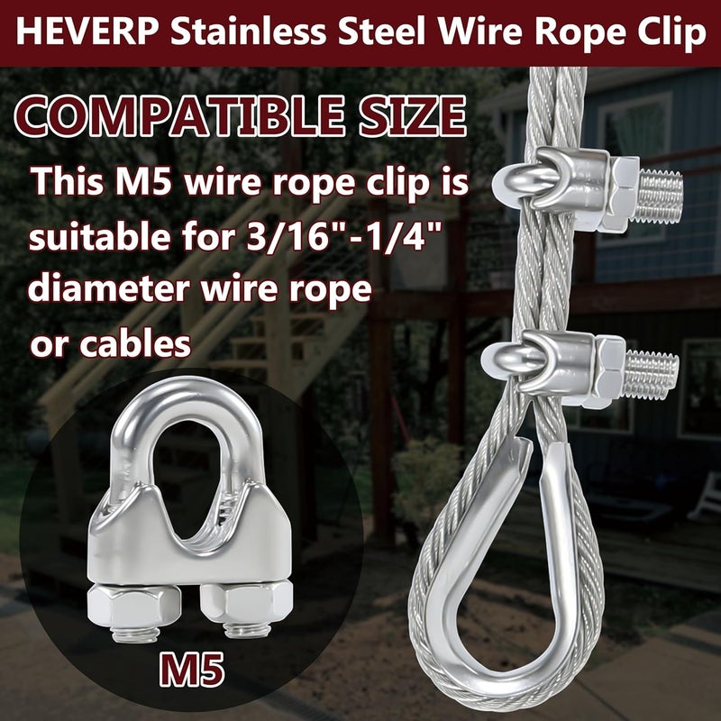 HEVERP 20PCS 3/16 to 1/4 Inches M5 Stainless Steel Wire Rope Cable Clip Clamp - Image 4
