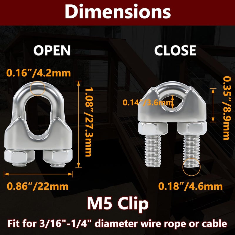HEVERP 20PCS 3/16 to 1/4 Inches M5 Stainless Steel Wire Rope Cable Clip Clamp - Image 2