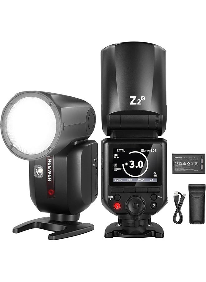 نيوير NEEWER Z2-C 2.4G TTL Round Head Flash Speedlite لـ Canon، 76Ws Speedlight مع موزع قبة، واجهة مستخدم مطورة، مفتاح تبديل TTL/M TCM، 2 مصابيح للنمذجة 1/8000s HSS 7.4V/2600mAh بطارية 480 فلاش طاقة كاملة  - Image 1