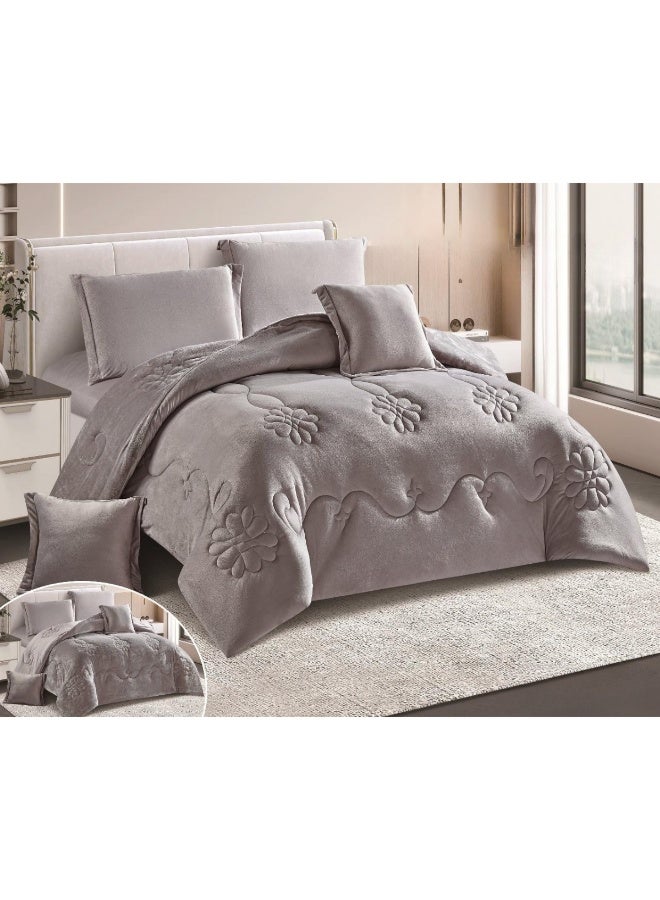 سمارت هوم مفرش سرير شتوي نفرين وجهين (وجه مخمل ووجه فرو) - مفرش بحشوة – طقم لحاف 6 قطع فاخر مزدوج كامل يشمل مفرش بحشوة 250×230 سم + واقي مرتبة مطاط 200×200+30 سم + 2 كيس مخدة 50×75+5 سم + 2 كيس وسادة مربعة 45×45+5 سم – مفارش نوم أنيقة فندقية ناعمة ودافئة للغرفة - Image 1