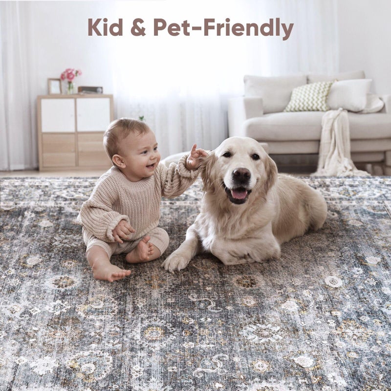 Rugcomf Runner Rug Hallway Runner Rug Washable Kitchen Runner Rugs with Rubber Backing 2'6''x8' 100% Polyester Vintage Rug for Entryway Indoor, Kitchen, Laundry, Bedroom (Grey and Brown) - Image 4