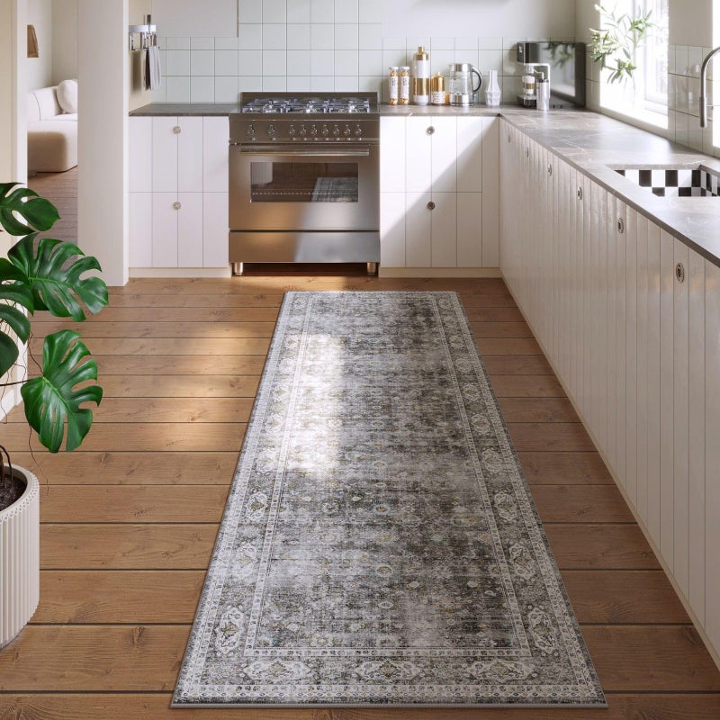 Rugcomf Runner Rug Hallway Runner Rug Washable Kitchen Runner Rugs with Rubber Backing 2'6''x8' 100% Polyester Vintage Rug for Entryway Indoor, Kitchen, Laundry, Bedroom (Grey and Brown) - Image 1