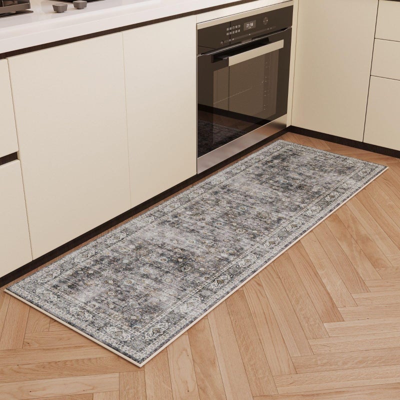 Rugcomf Runner Rug Hallway Runner Rug Washable Kitchen Runner Rugs with Rubber Backing 2'6''x8' 100% Polyester Vintage Rug for Entryway Indoor, Kitchen, Laundry, Bedroom (Grey and Brown) - Image 5