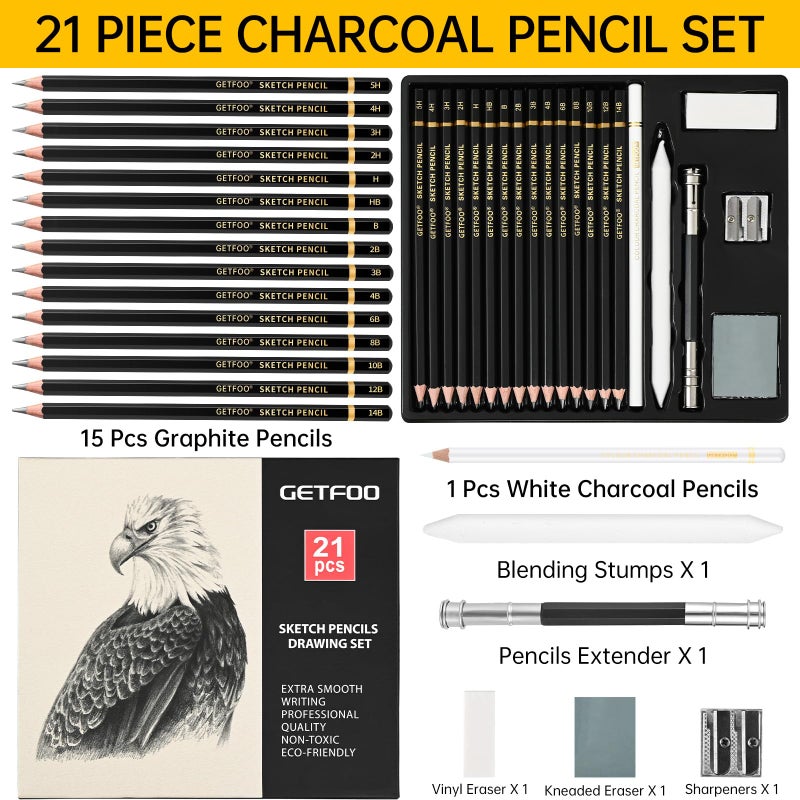 GETFOO Drawing Sketching Pencil Set 21 Pack Art Pencil Kit with Graphite Pencils (14B-5H), Charcoal Pencil, Ideal for Shading, Blending, Drawing Set for Beginners & Pro Artists - Image 2