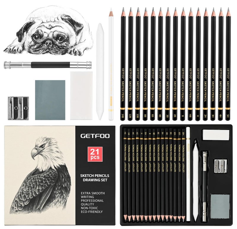 GETFOO Drawing Sketching Pencil Set 21 Pack Art Pencil Kit with Graphite Pencils (14B-5H), Charcoal Pencil, Ideal for Shading, Blending, Drawing Set for Beginners & Pro Artists - Image 1