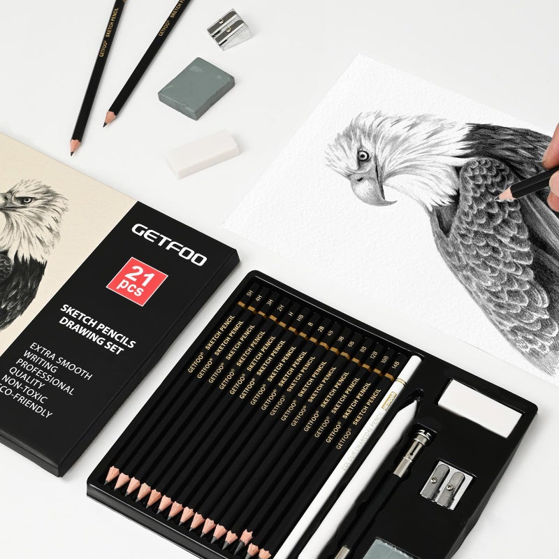 GETFOO Drawing Sketching Pencil Set 21 Pack Art Pencil Kit with Graphite Pencils (14B-5H), Charcoal Pencil, Ideal for Shading, Blending, Drawing Set for Beginners & Pro Artists - Image 4