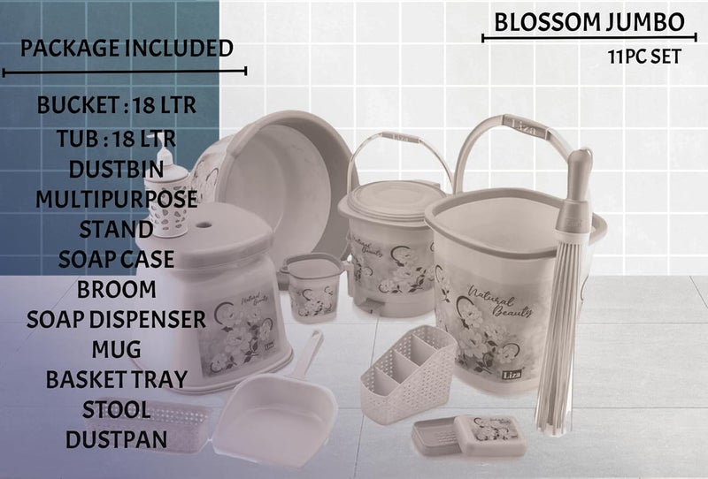 Liza Liza Blossom Jumbo 11pc Bathroom Accessory Set Plastic Big Bucket 18L,Tub 18L,Patla, Mug, Stool, Plastic Broom, Dustbin, Soap Case, Dustpan, 11pc Bathroom Set (Grey) - Image 2