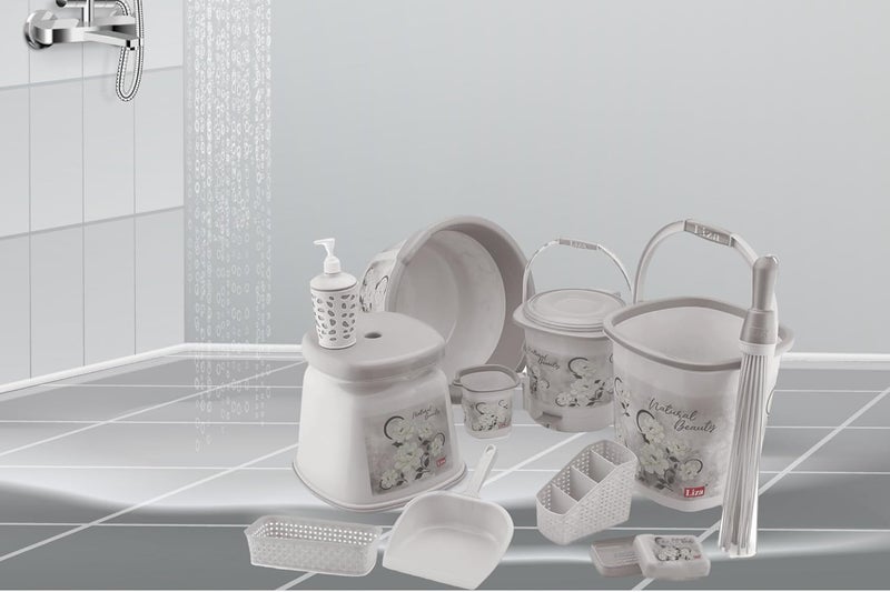 Liza Liza Blossom Jumbo 11pc Bathroom Accessory Set Plastic Big Bucket 18L,Tub 18L,Patla, Mug, Stool, Plastic Broom, Dustbin, Soap Case, Dustpan, 11pc Bathroom Set (Grey) - Image 4