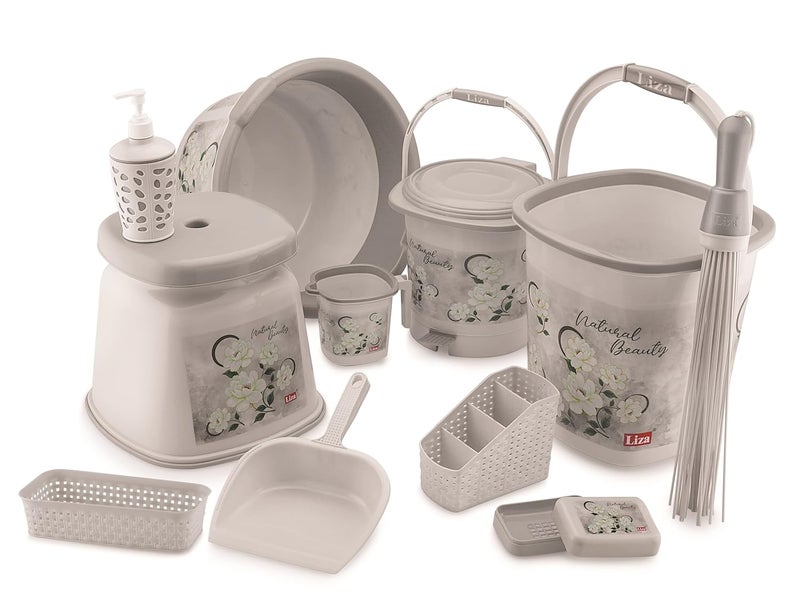 Liza Liza Blossom Jumbo 11pc Bathroom Accessory Set Plastic Big Bucket 18L,Tub 18L,Patla, Mug, Stool, Plastic Broom, Dustbin, Soap Case, Dustpan, 11pc Bathroom Set (Grey) - Image 1