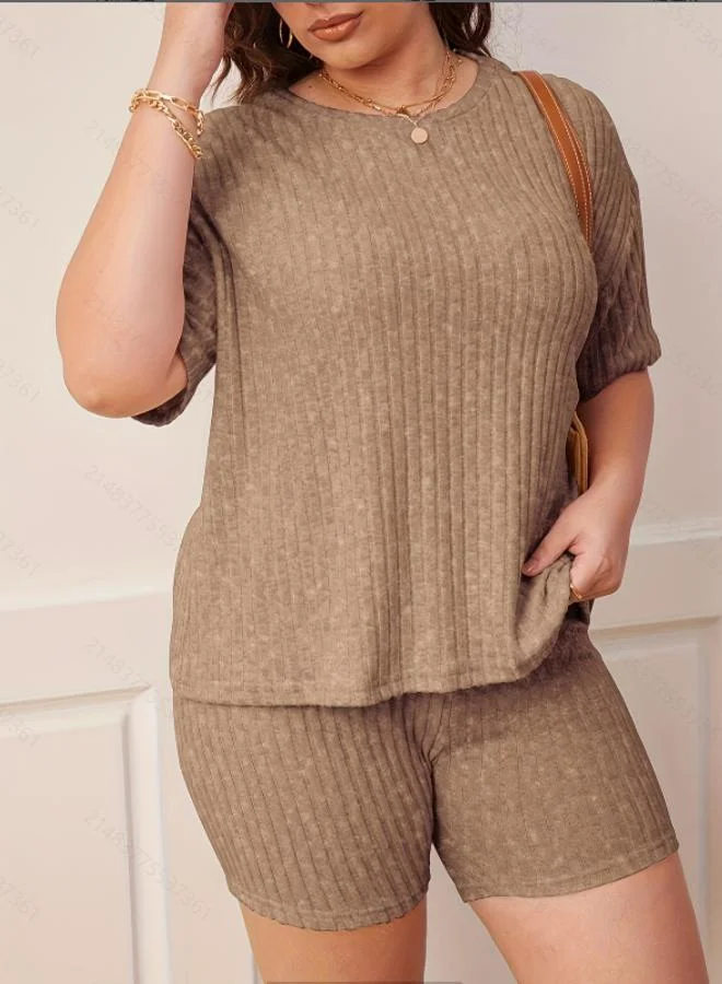 Take Two Plus Size Brown Ribbed Short Sleeve Top and Shorts Pyjama Set