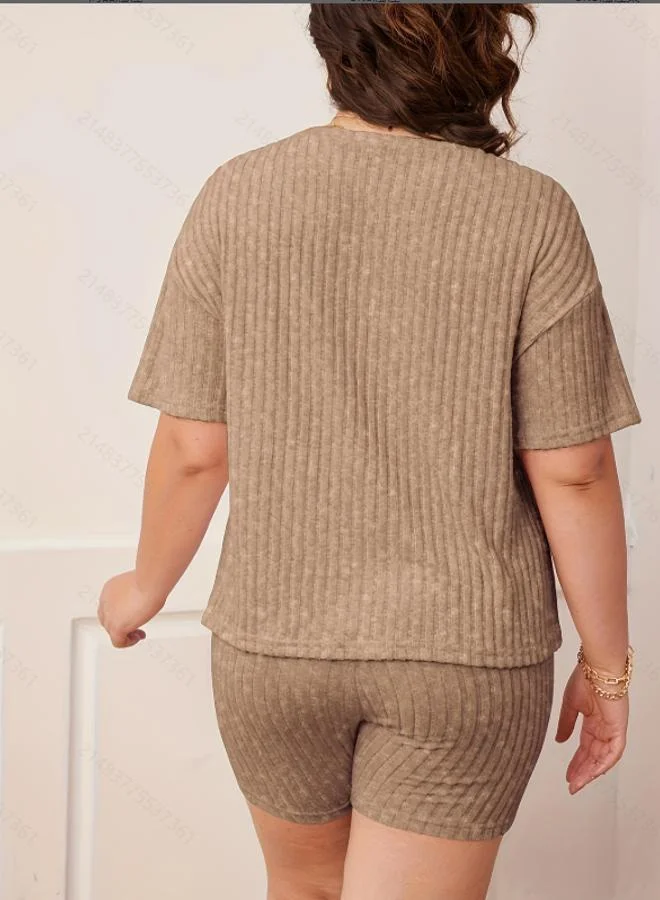 Take Two Plus Size Brown Ribbed Short Sleeve Top and Shorts Pyjama Set