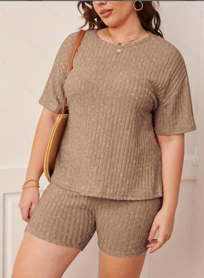 Take Two Plus Size Brown Ribbed Short Sleeve Top and Shorts Pyjama Set - Image 3
