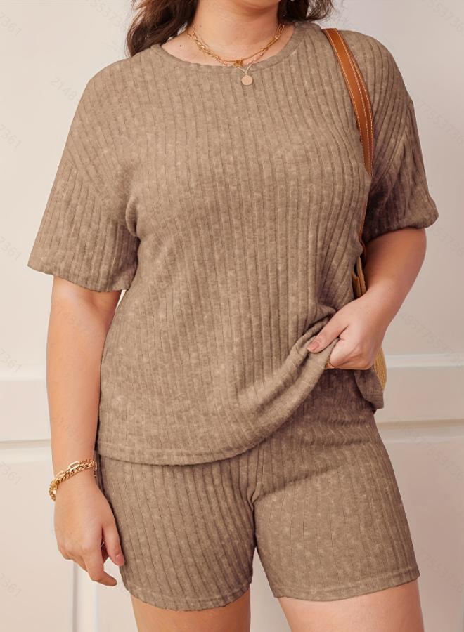 Take Two Plus Size Brown Ribbed Short Sleeve Top and Shorts Pyjama Set - Image 5