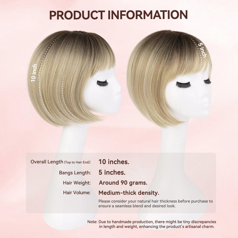 LEEONS Hair Toppers for Women with Bangs Short Bob Synthetic Pieces for Thinning Hair Side Part (Blonde Mixed Light Blonde and Dark Brown Root) - Image 5