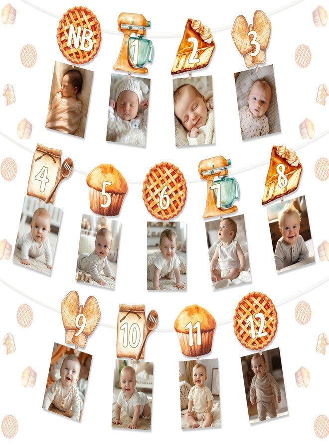 Balterever Cutie Pie 1st Birthday Decoration Pie Monthly Photo Banner, Brown, 13 Pieces, 6.3x8.3 Inches, Sturdy Paper, No Assembly Required, Perfect for Baking Cookie Theme Parties - Image 1