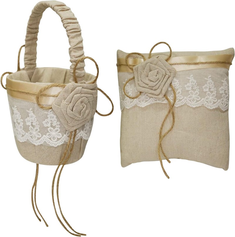 Yuudar Rustic Burlap Flower Girl Basket, Vintage Wedding Jute Basket with Pearl Double Love Heart Bowknot For Vintage Wedding Ceremony Party Decoration (Bowknot Pillow Basket) - Image 1