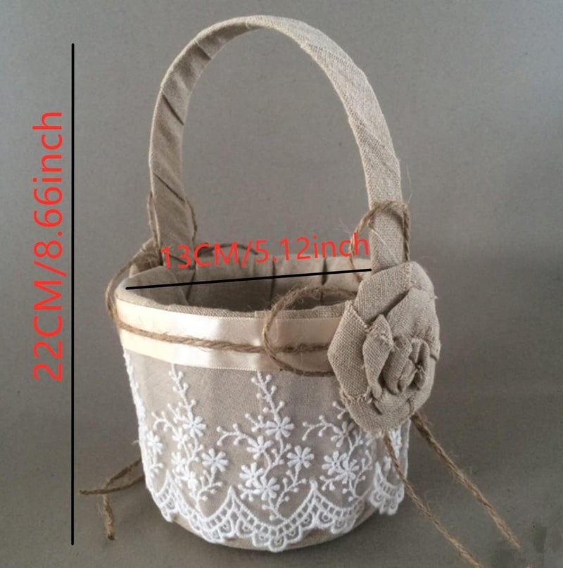 Yuudar Rustic Burlap Flower Girl Basket, Vintage Wedding Jute Basket with Pearl Double Love Heart Bowknot For Vintage Wedding Ceremony Party Decoration (Bowknot Pillow Basket) - Image 2