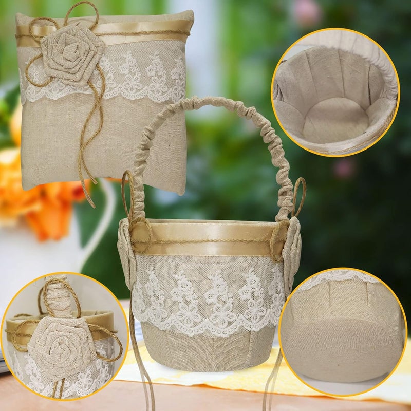 Yuudar Rustic Burlap Flower Girl Basket, Vintage Wedding Jute Basket with Pearl Double Love Heart Bowknot For Vintage Wedding Ceremony Party Decoration (Bowknot Pillow Basket) - Image 4
