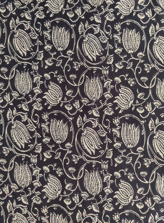 AVKA Studio Craftbot Hand Block Print Fabric by the yard - PRECUT 5 yards 42 Inch Width - 100% Cotton Material - Black and Cream Floral Pattern - Light Weight Indian Cloth for making Summer Dress tops project etc - Image 1