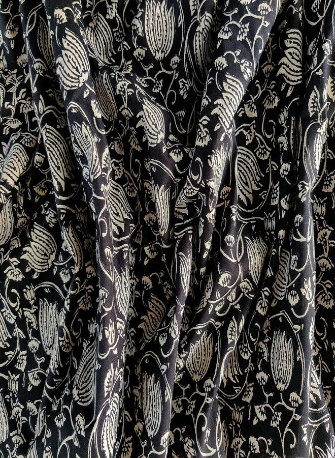 AVKA Studio Craftbot Hand Block Print Fabric by the yard - PRECUT 5 yards 42 Inch Width - 100% Cotton Material - Black and Cream Floral Pattern - Light Weight Indian Cloth for making Summer Dress tops project etc - Image 3