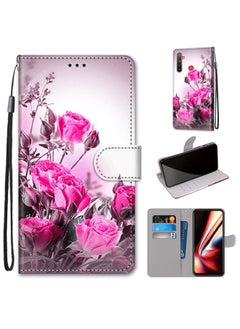 HuHa Case Cover For Realme 5 / 5s / 5i / C3 / C3i / 6i / Narzo10 / 10A / 20A Coloured Drawing Cross Texture Horizontal Flip PU Leather Case with Holder & Card Slots & Wallet & Lanyard Wild Rose 