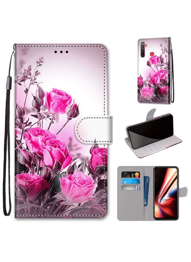 HuHa Case Cover For Realme 5 / 5s / 5i / C3 / C3i / 6i / Narzo10 / 10A / 20A Coloured Drawing Cross Texture Horizontal Flip PU Leather Case with Holder & Card Slots & Wallet & Lanyard Wild Rose 