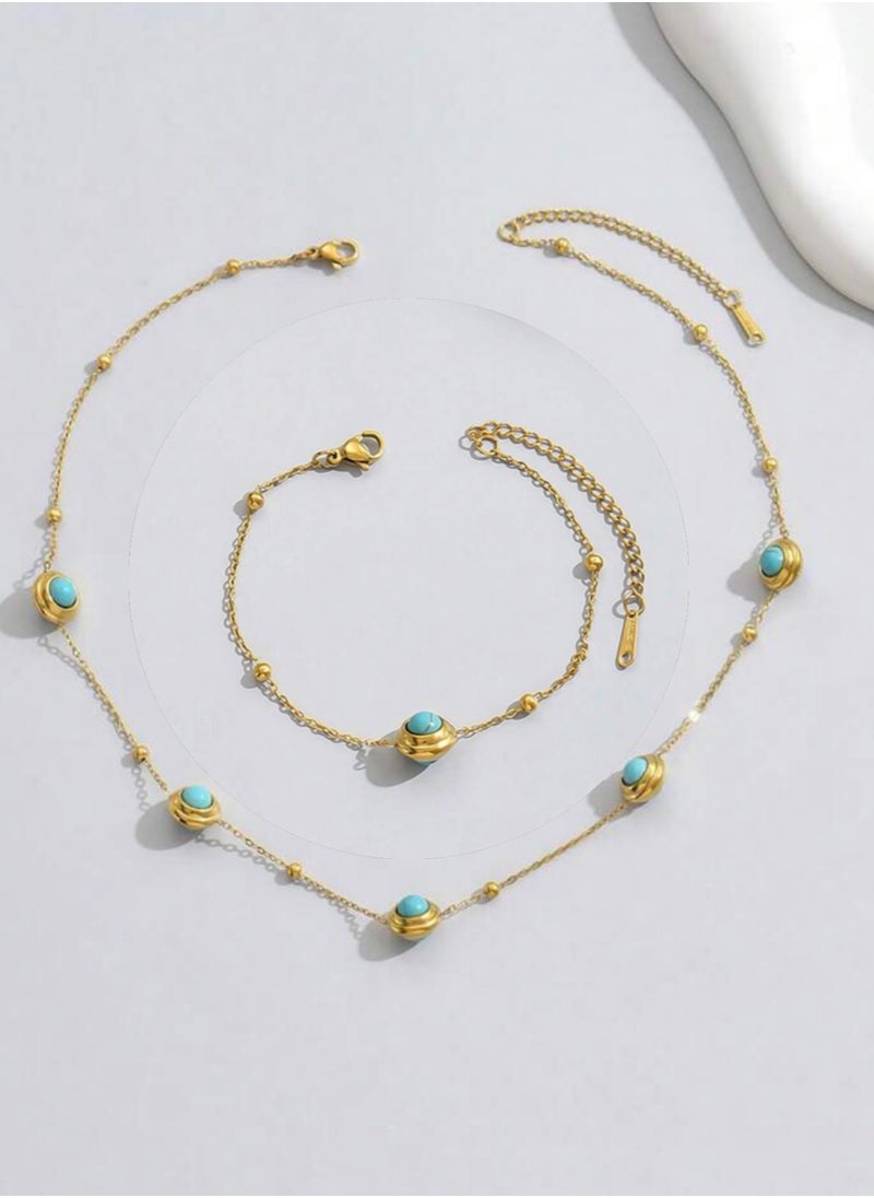 Jewelry 4You - Elegant Stainless Steel Gold Plated Necklace & Bracelet Jewellery Set For Women Inlaid With Turquoise Stone - Image 1