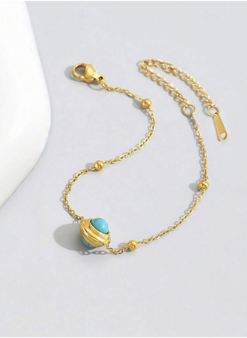 Jewelry 4You - Elegant Stainless Steel Gold Plated Necklace & Bracelet Jewellery Set For Women Inlaid With Turquoise Stone - Image 1