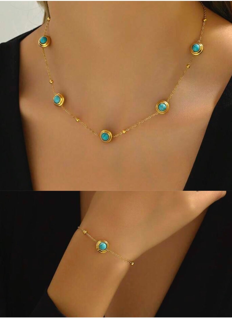 Jewelry 4You - Elegant Stainless Steel Gold Plated Necklace & Bracelet Jewellery Set For Women Inlaid With Turquoise Stone - Image 1