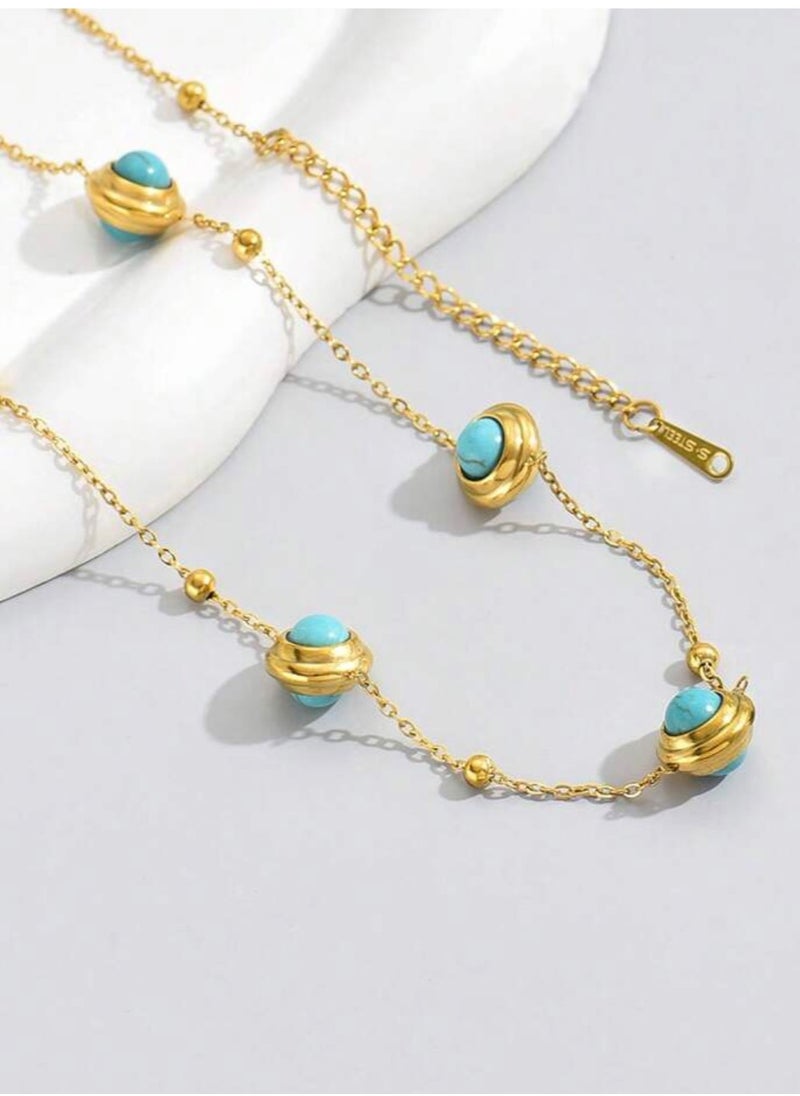 Jewelry 4You - Elegant Stainless Steel Gold Plated Necklace & Bracelet Jewellery Set For Women Inlaid With Turquoise Stone - Image 1