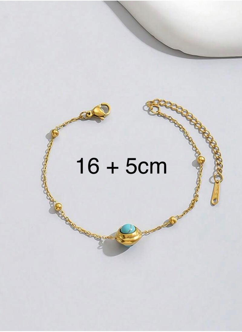 Jewelry 4You - Elegant Stainless Steel Gold Plated Necklace & Bracelet Jewellery Set For Women Inlaid With Turquoise Stone - Image 1