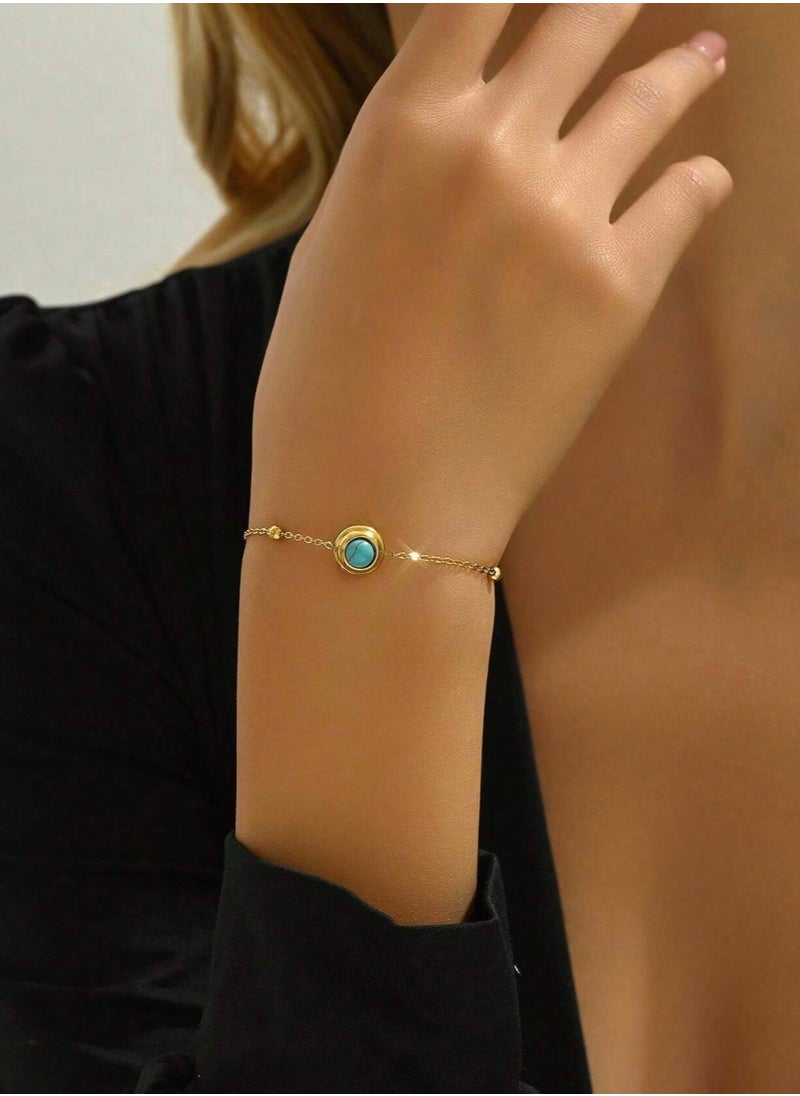 Jewelry 4You - Elegant Stainless Steel Gold Plated Necklace & Bracelet Jewellery Set For Women Inlaid With Turquoise Stone - Image 1