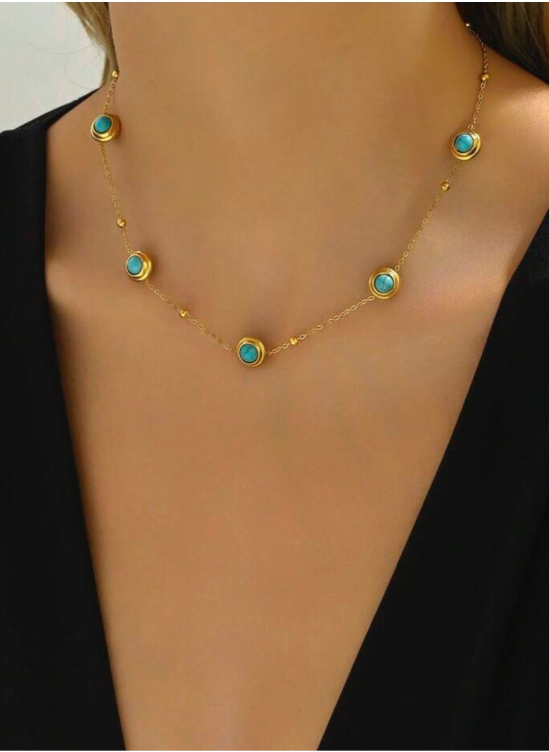 Jewelry 4You - Elegant Stainless Steel Gold Plated Necklace & Bracelet Jewellery Set For Women Inlaid With Turquoise Stone - Image 1