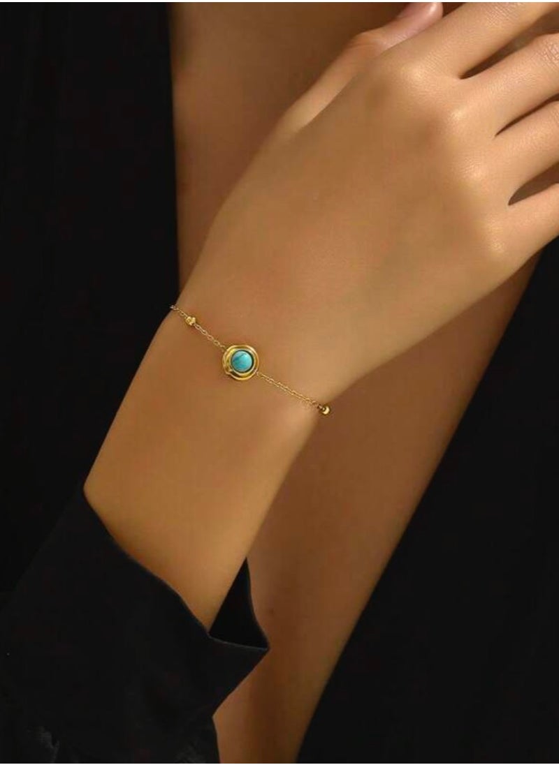 Jewelry 4You - Elegant Stainless Steel Gold Plated Necklace & Bracelet Jewellery Set For Women Inlaid With Turquoise Stone - Image 1