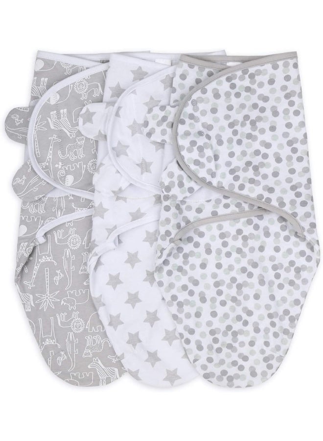 The Peanut Shell Baby Swaddle Blankets for Boys or Girls, Grey Safari Animals & Stars, 3 Pack Wrap Set (Small/Medium) - Image 1