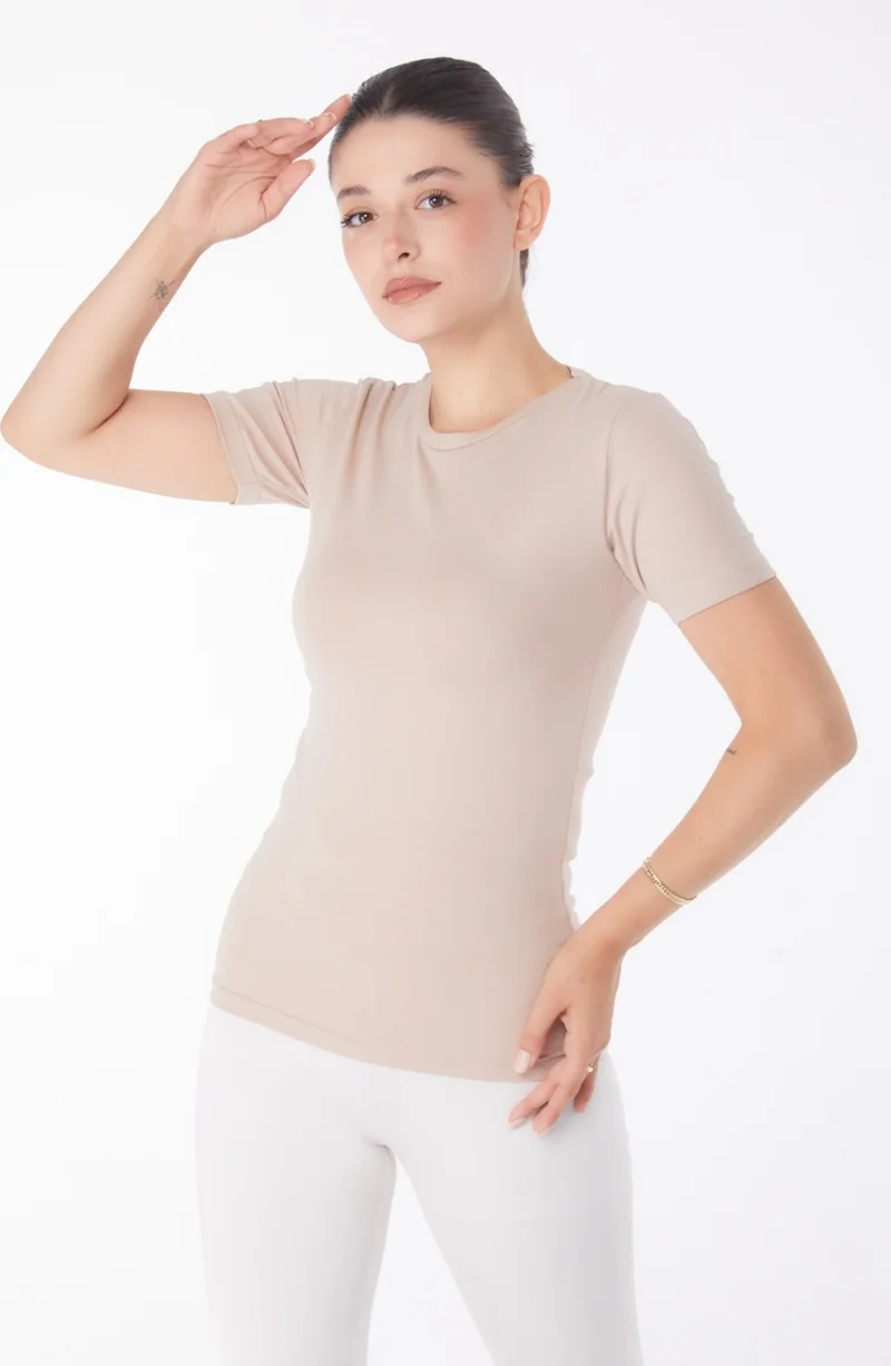 Tofisa Plain Crew Neck Women's Mink Short Sleeve T-Shirt - 25768