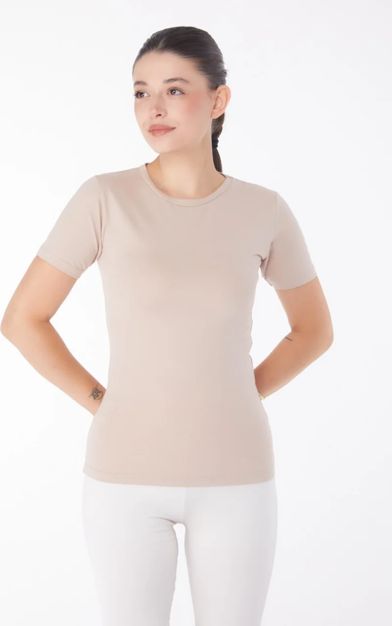 Tofisa Plain Crew Neck Women's Mink Short Sleeve T-Shirt - 25768