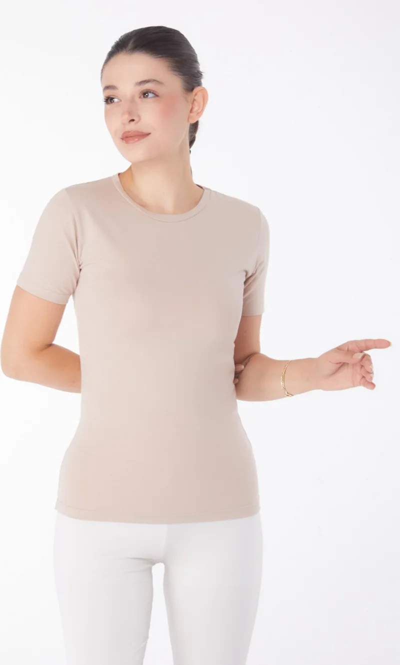 Tofisa Plain Crew Neck Women's Mink Short Sleeve T-Shirt - 25768