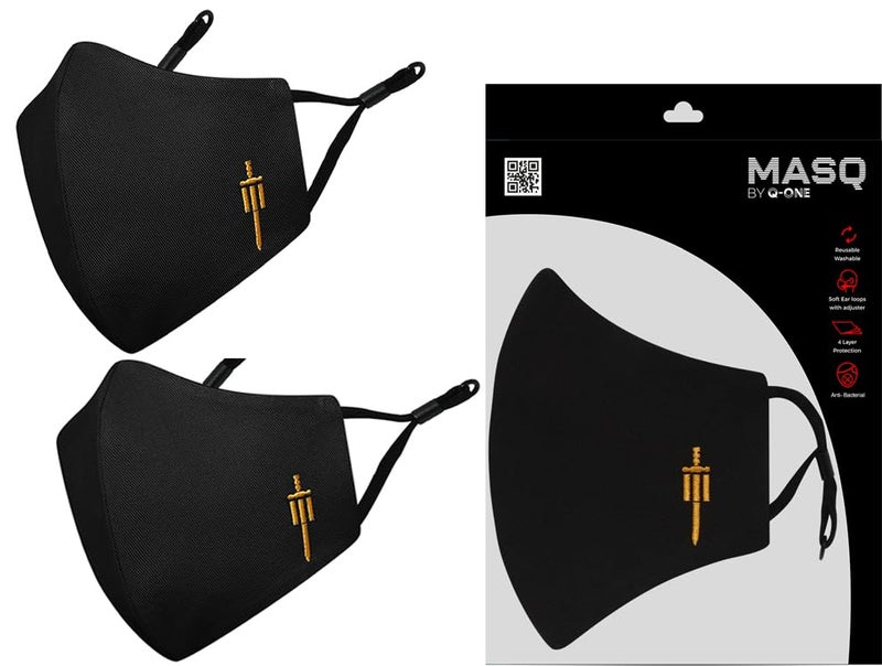 MASQ By Q-One Sabre 4 Layer, Reusable, with Ear Adjusters, Anti-Bacterial (BFE>99%) Cotton Cloth Face Mask for Men, Boys (Large, Black, Pack of 2), Without Valve - Image 1