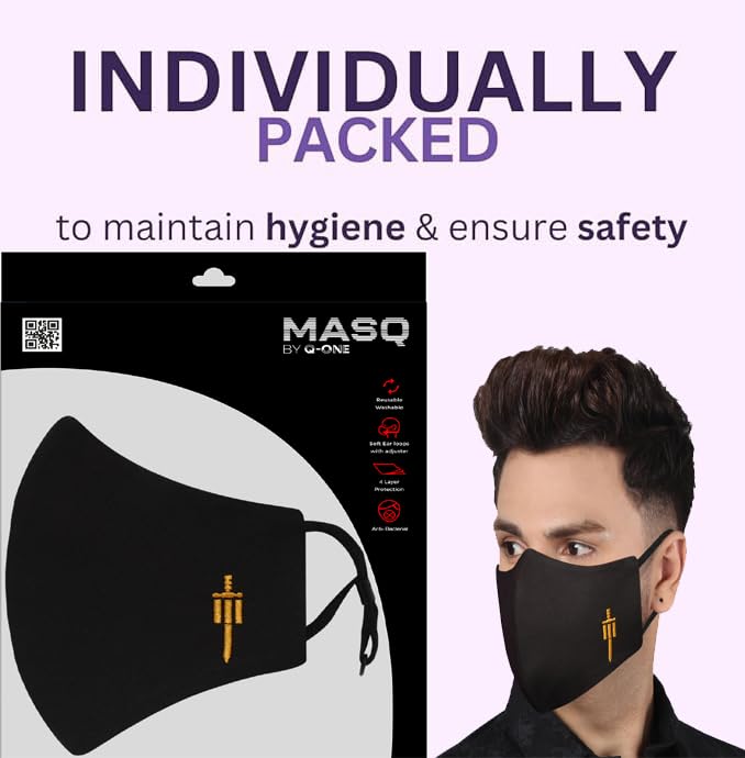 MASQ By Q-One Sabre 4 Layer, Reusable, with Ear Adjusters, Anti-Bacterial (BFE>99%) Cotton Cloth Face Mask for Men, Boys (Large, Black, Pack of 2), Without Valve - Image 3