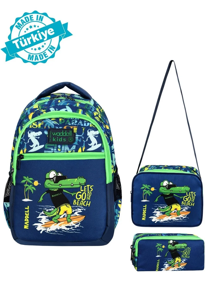 Waddell Licensed Navy Blue-Green Crocodile Patterned Boy School Backpack, Lunch Bag and Pencil Case