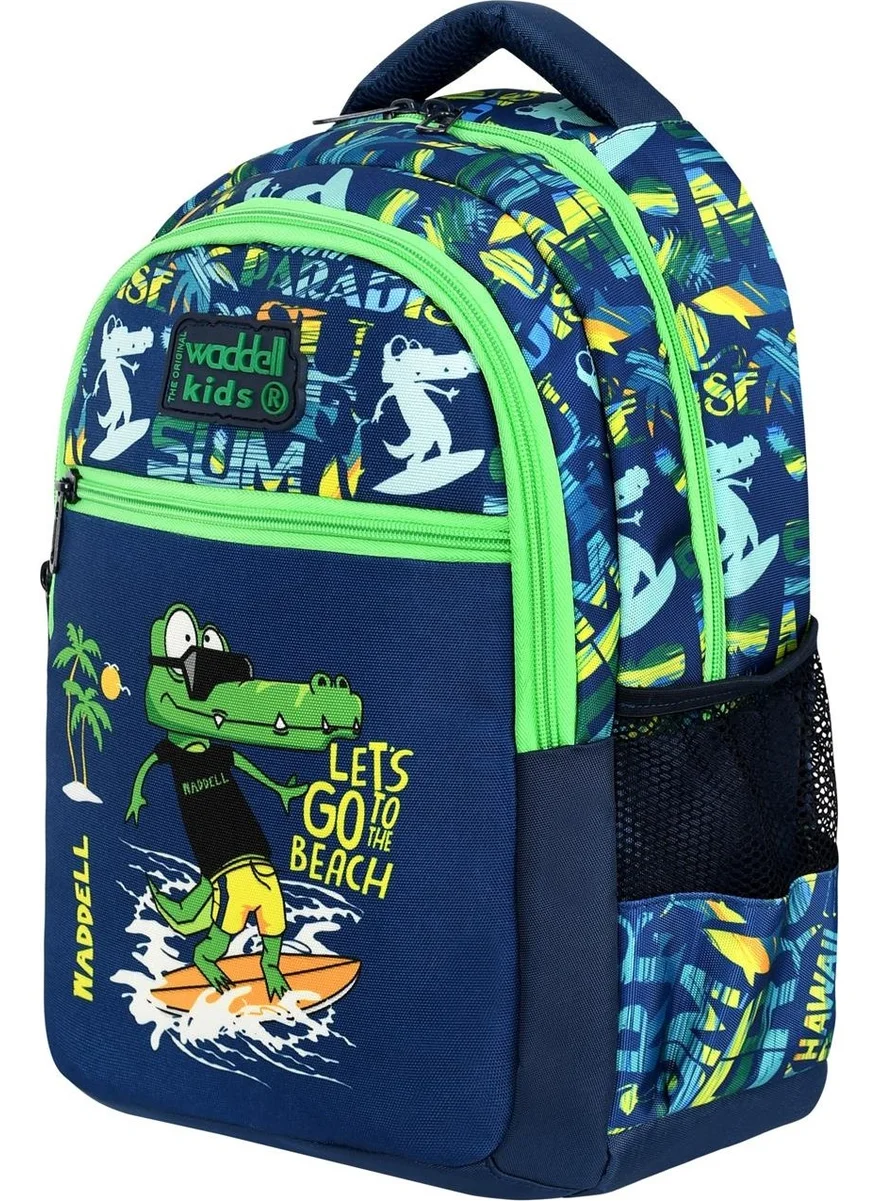 Waddell Licensed Navy Blue-Green Crocodile Patterned Boy School Backpack, Lunch Bag and Pencil Case
