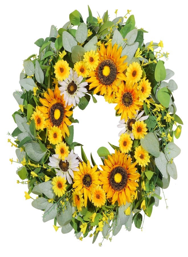 Vsonker 24" Sunflower Wreaths for Front Door, Greenery Summer Spring Front Door Wreath with Sunflowers and Eucalyptus for Indoor Outdoor Wall Window, Outside Floral Wreath Decor for Home Porch - Image 1