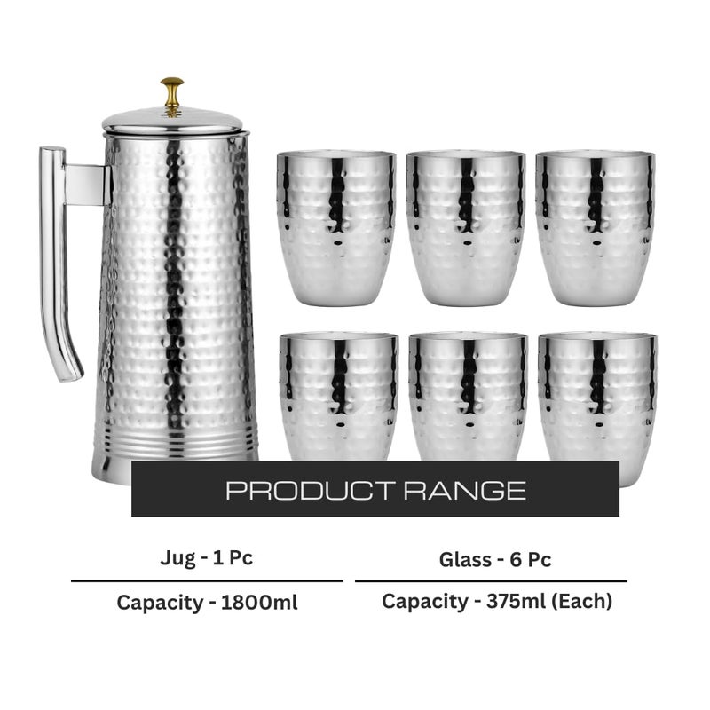 Chakmak Chakmak Regal Lemon Set Hammered Design Stainless Steel Jug 1800ml Glass 375ml Tableware Set Serving Set Serve Water and Juice Silver Colour - Image 4