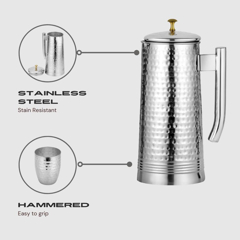 Chakmak Chakmak Regal Lemon Set Hammered Design Stainless Steel Jug 1800ml Glass 375ml Tableware Set Serving Set Serve Water and Juice Silver Colour - Image 5