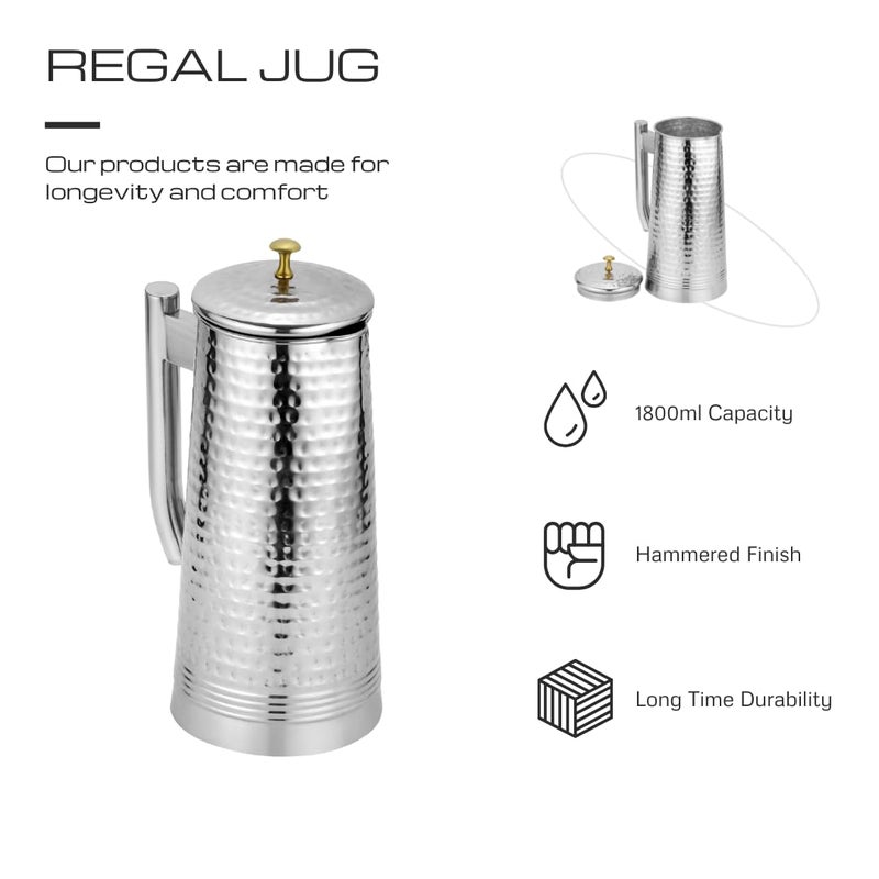 Chakmak Chakmak Regal Lemon Set Hammered Design Stainless Steel Jug 1800ml Glass 375ml Tableware Set Serving Set Serve Water and Juice Silver Colour - Image 2