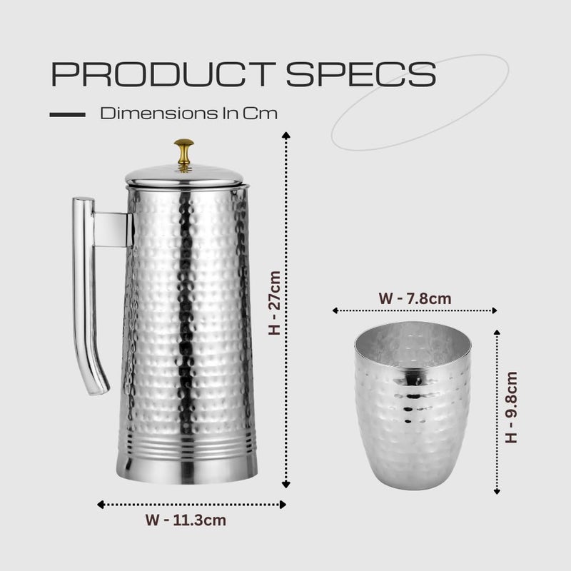 Chakmak Chakmak Regal Lemon Set Hammered Design Stainless Steel Jug 1800ml Glass 375ml Tableware Set Serving Set Serve Water and Juice Silver Colour - Image 3